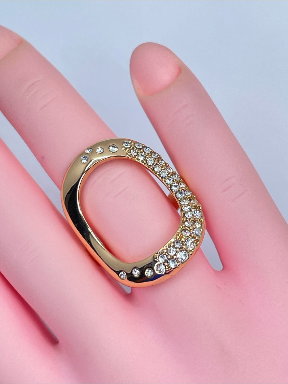 Gold Tone Open Oval Crystal Statement Ring Modern Glam Cocktail Ring